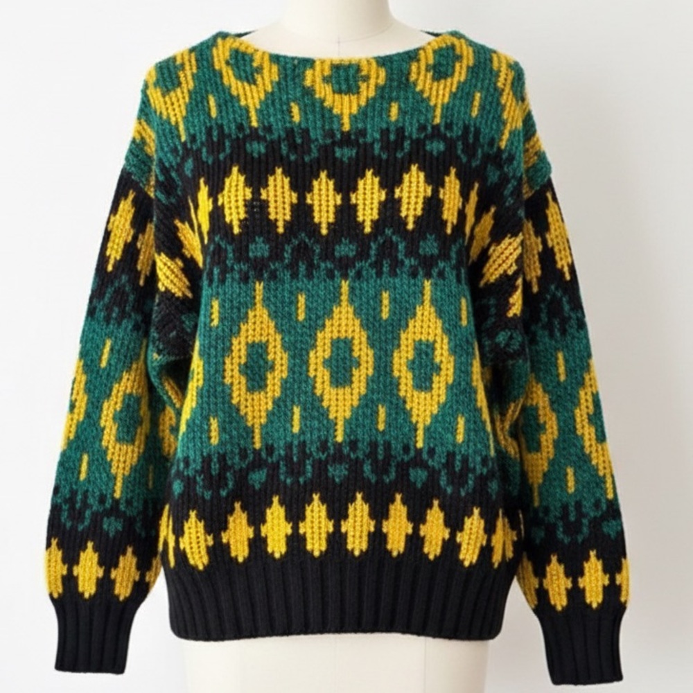 Vintage 80s 90s Grandpa Sweater Chunky Knit Oversized Pullover Colorful Size M - Picture 1 of 12